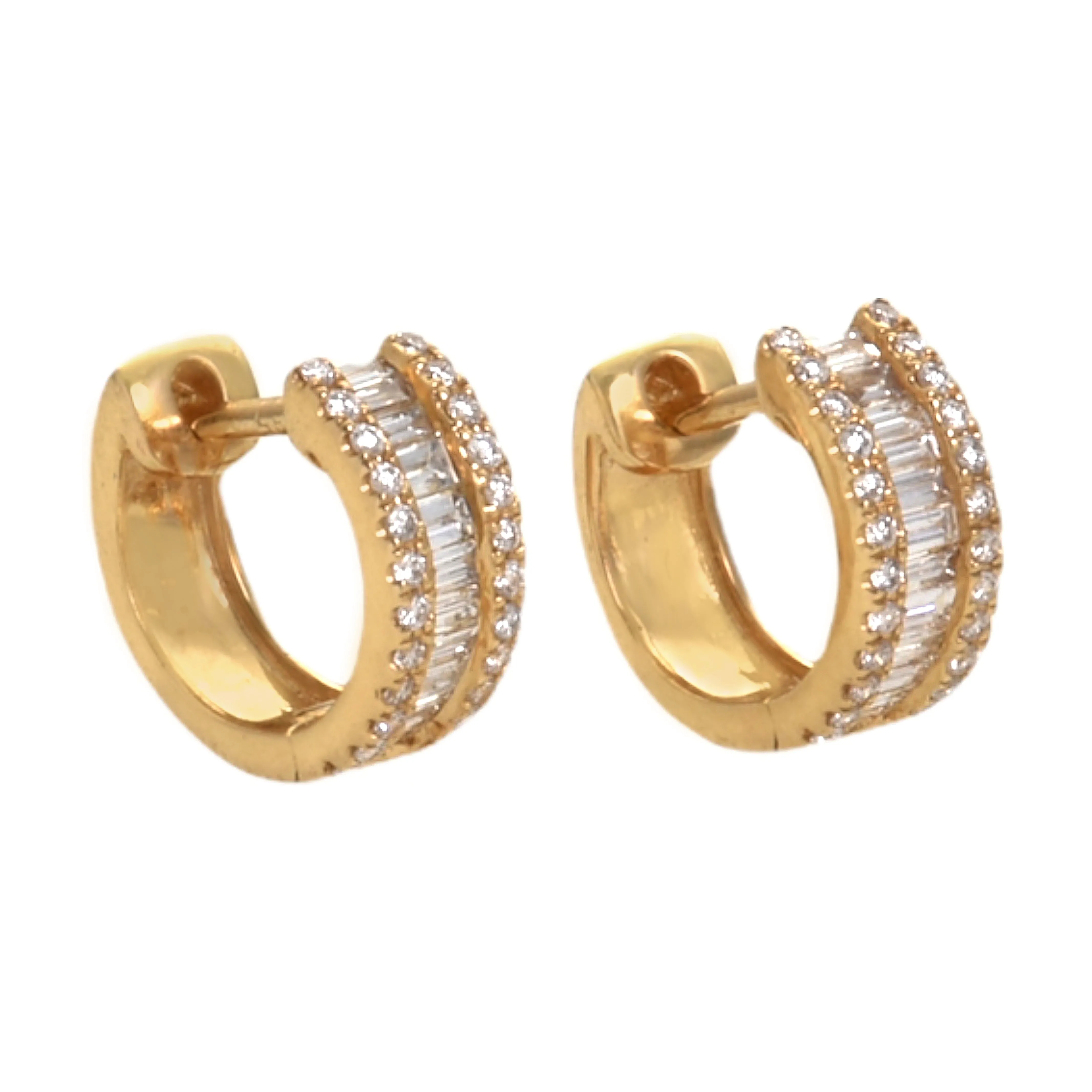 0.48tcw Baguette & Round Diamonds in 14K Gold Trendy Huggie Hoop Earrings