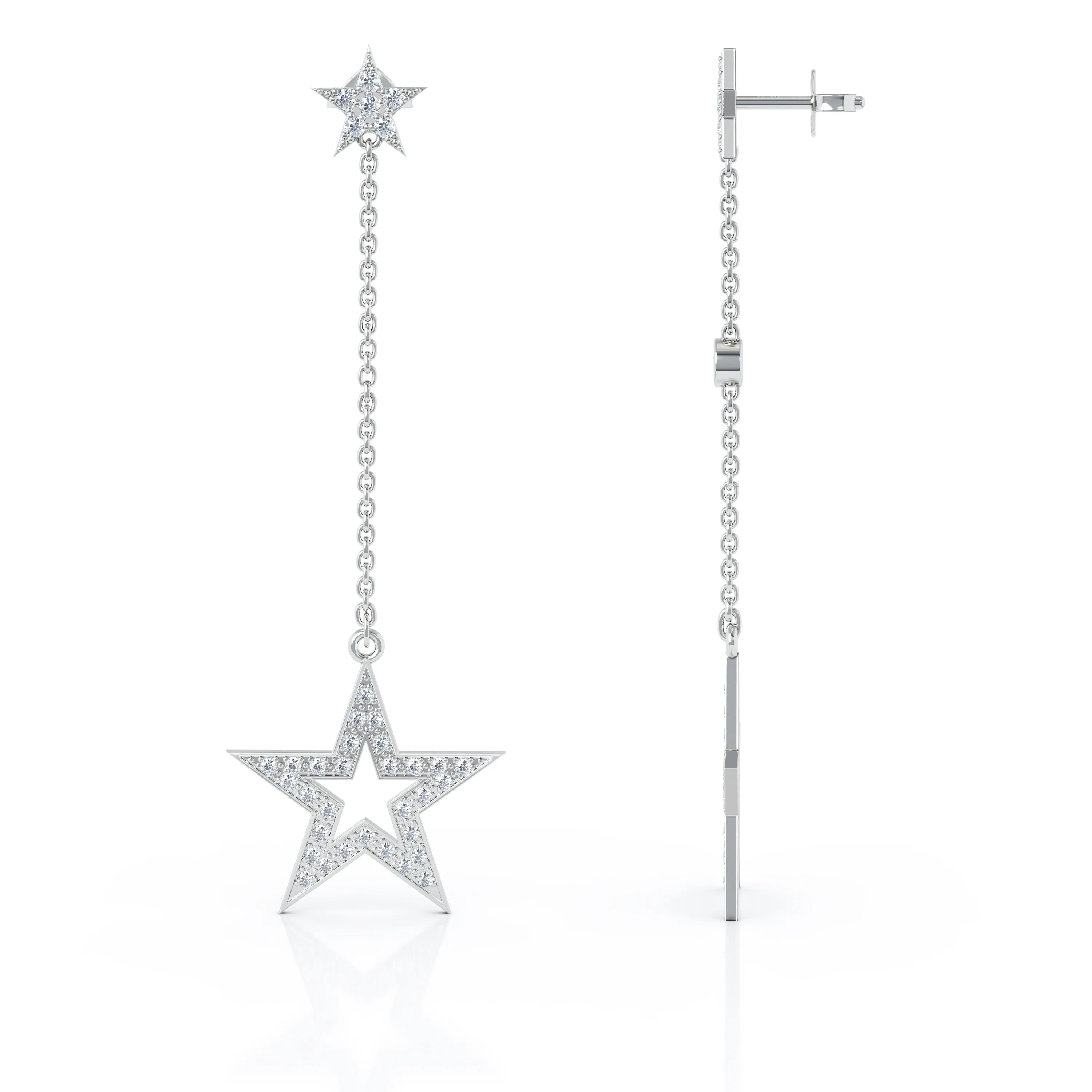 0.75Ct Diamond Star Mismatched Drop Chain Earrings in 14K Gold