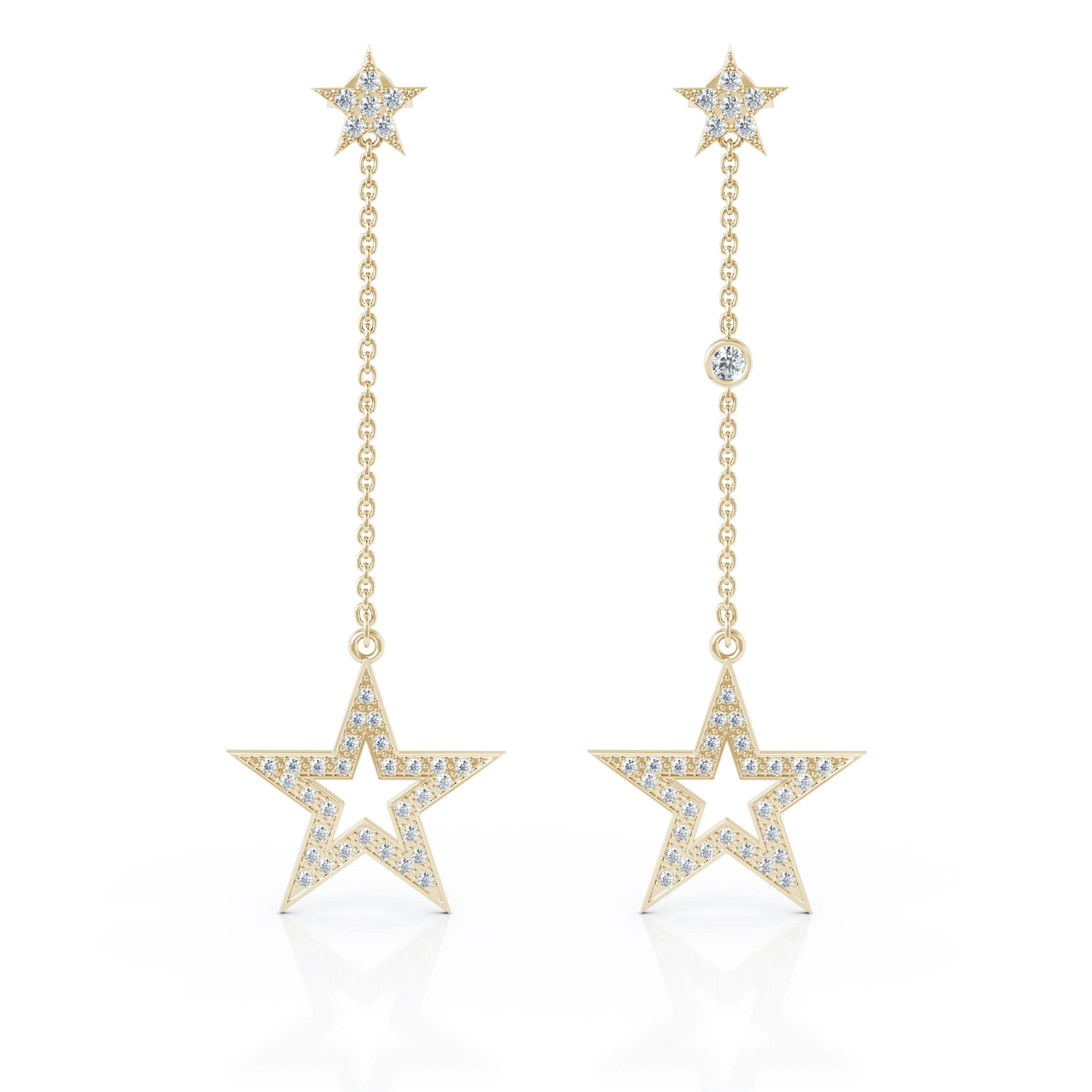 0.75Ct Diamond Star Mismatched Drop Chain Earrings in 14K Gold