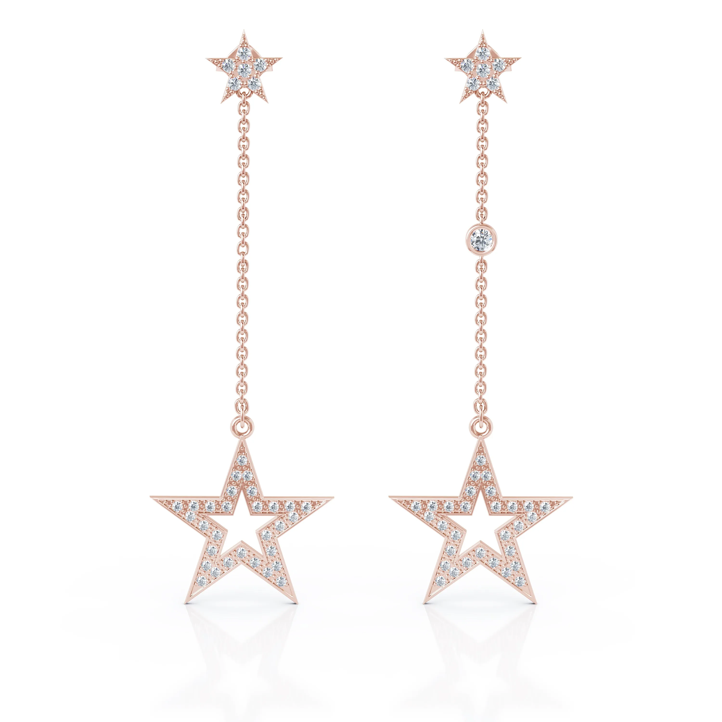 0.75Ct Diamond Star Mismatched Drop Chain Earrings in 14K Gold