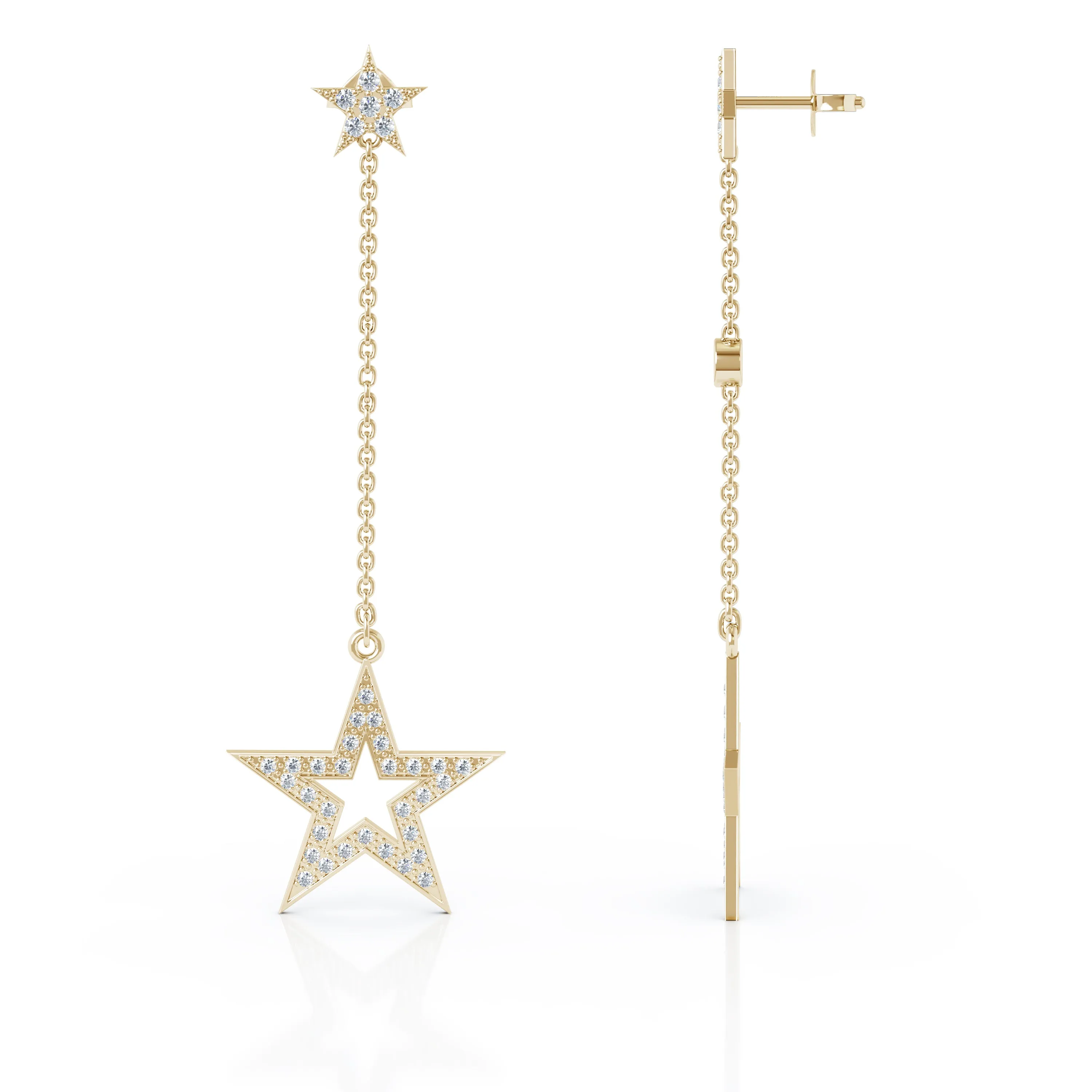 0.75Ct Diamond Star Mismatched Drop Chain Earrings in 14K Gold