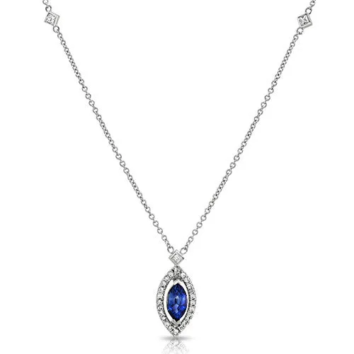 0.86 Ct. Blue Sapphire Marquise & Diamonds Floating Halo Pendant Necklace