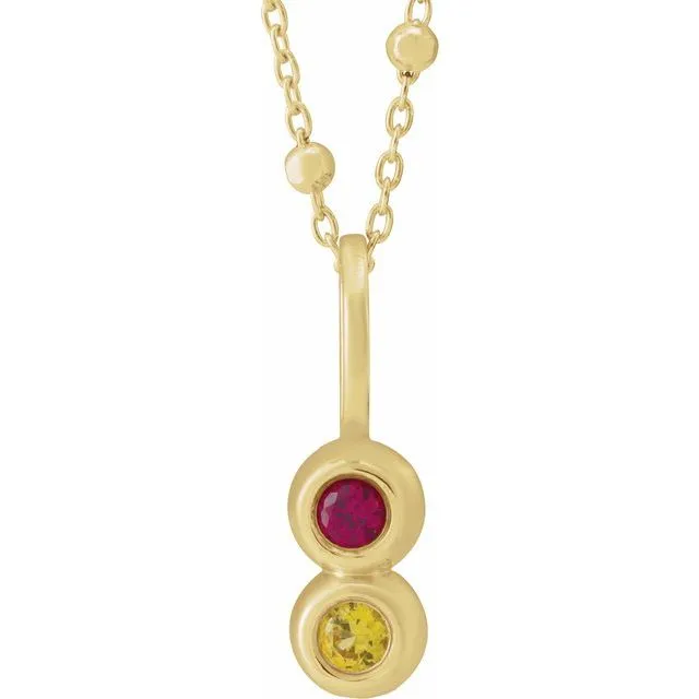 14k Gold Bezel Set Family Bar Vertical Birthstone 18" Necklace