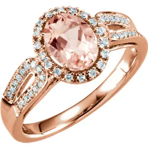 14k Gold Oval Morganite & 1/5 CTW Diamond Halo Double Shank Ring - White or Rose