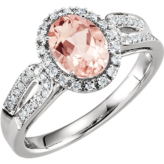 14k Gold Oval Morganite & 1/5 CTW Diamond Halo Double Shank Ring - White or Rose