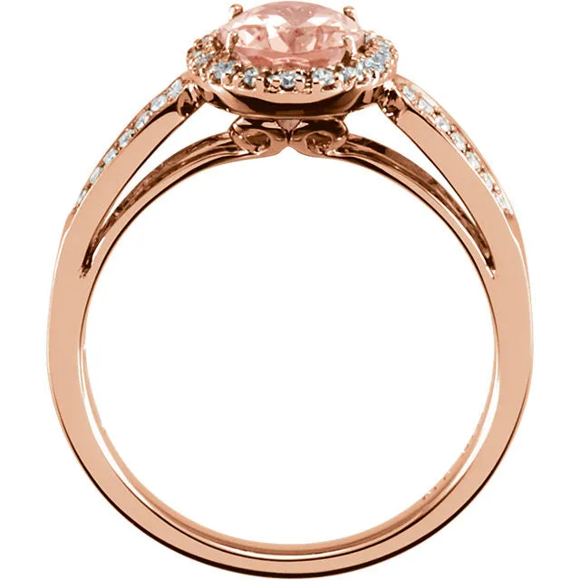 14k Gold Oval Morganite & 1/5 CTW Diamond Halo Double Shank Ring - White or Rose