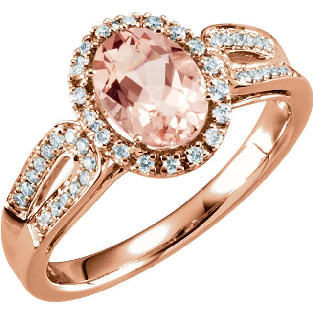 14k Gold Oval Morganite & 1/5 CTW Diamond Halo Double Shank Ring - White or Rose