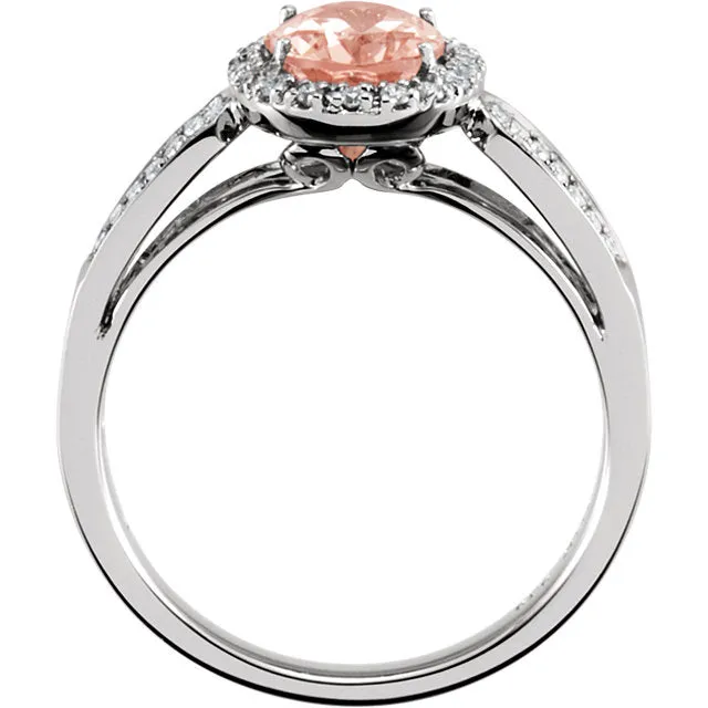 14k Gold Oval Morganite & 1/5 CTW Diamond Halo Double Shank Ring - White or Rose