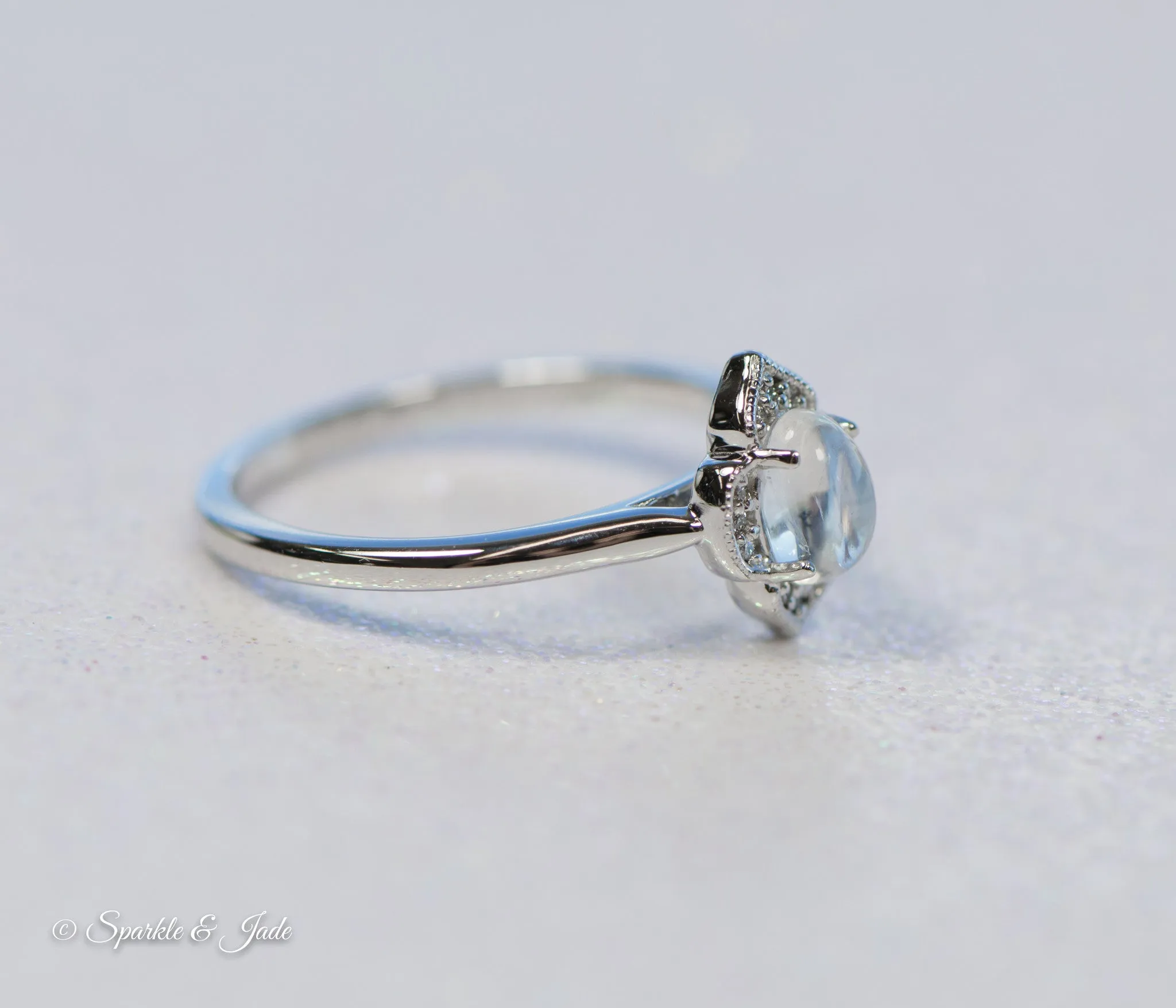 14k Gold Rainbow Moonstone and .03 CTW Diamond Clover Ring