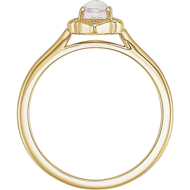 14k Gold Rainbow Moonstone and .03 CTW Diamond Clover Ring