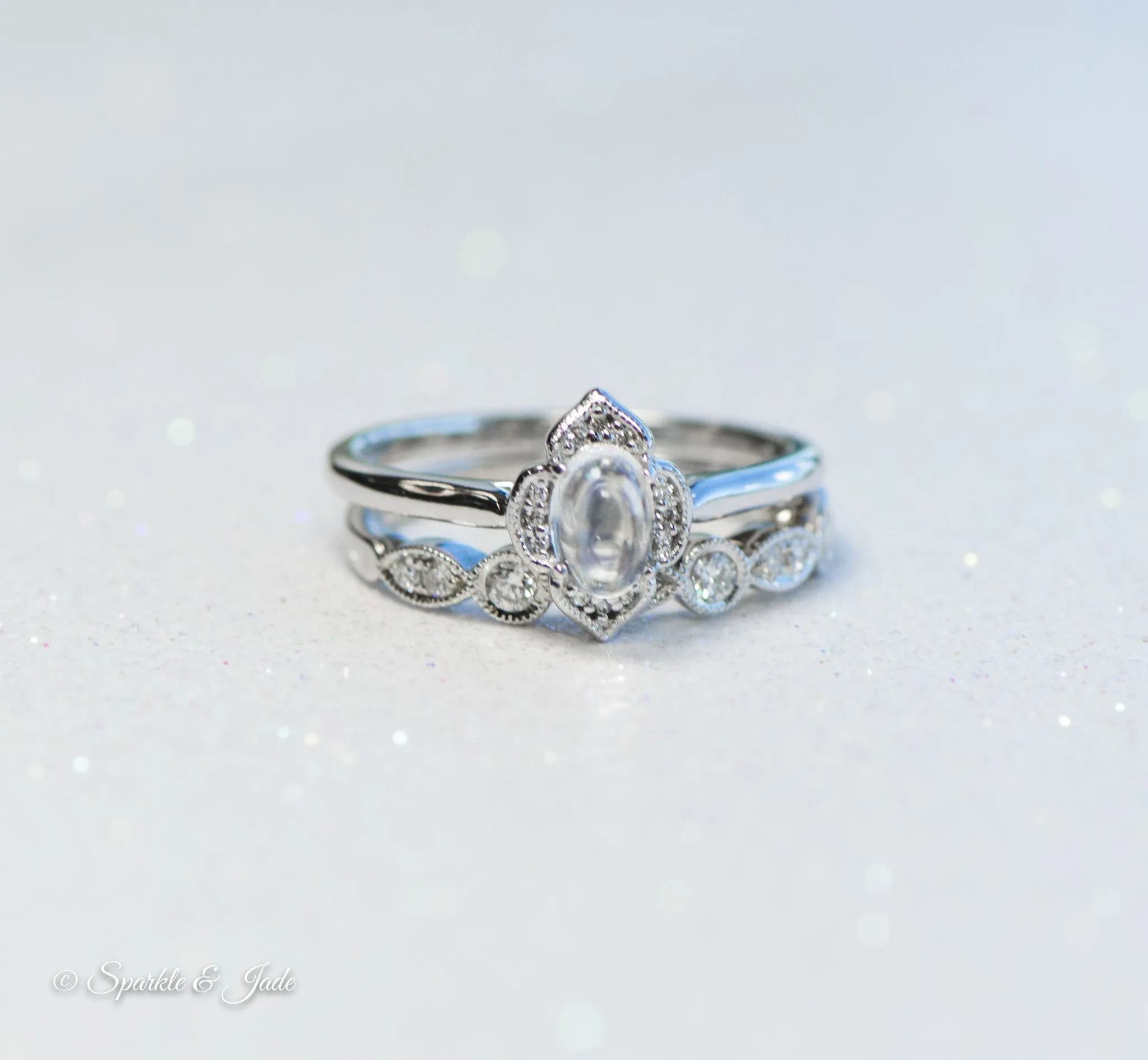 14k Gold Rainbow Moonstone and .03 CTW Diamond Clover Ring
