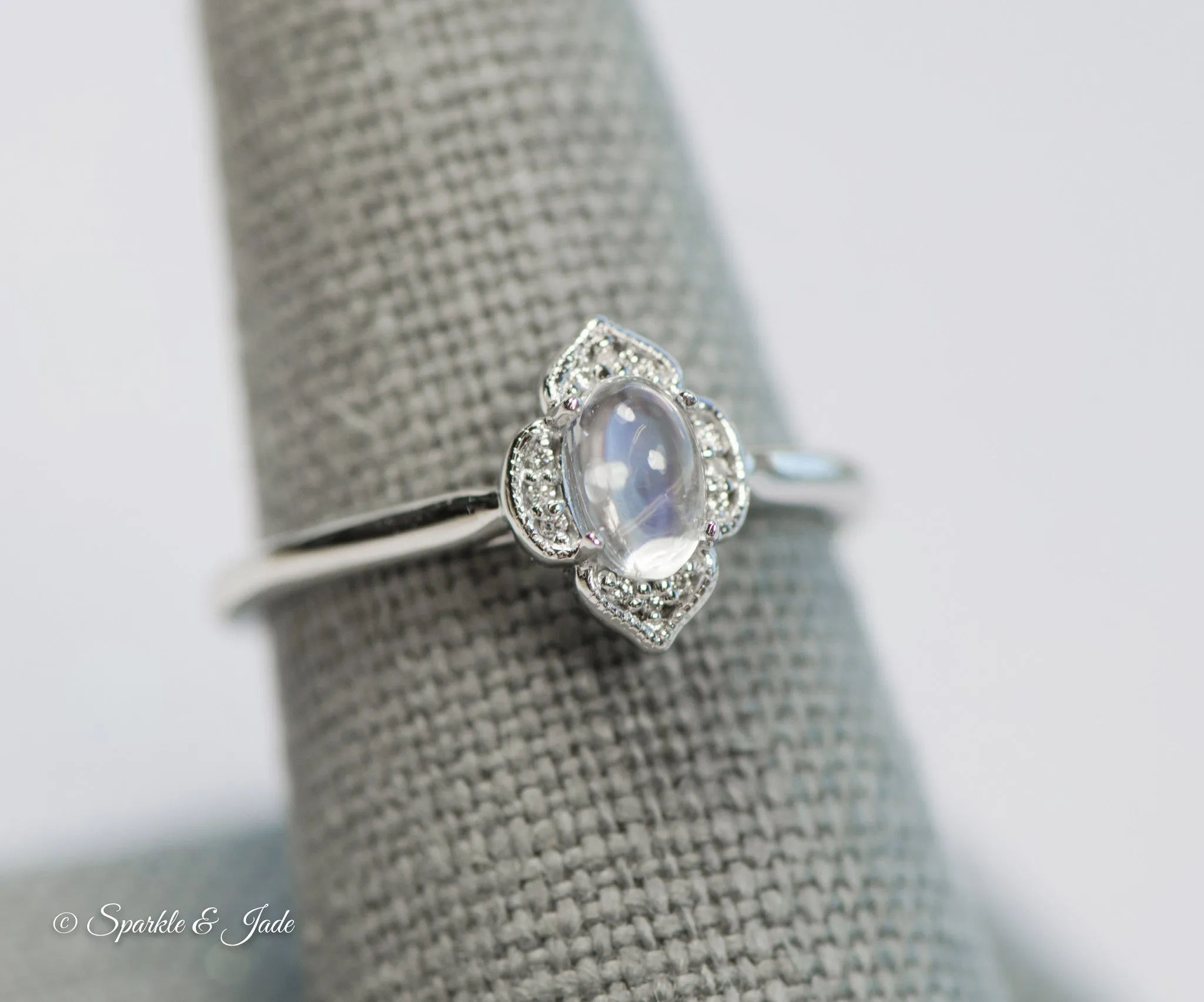 14k Gold Rainbow Moonstone and .03 CTW Diamond Clover Ring