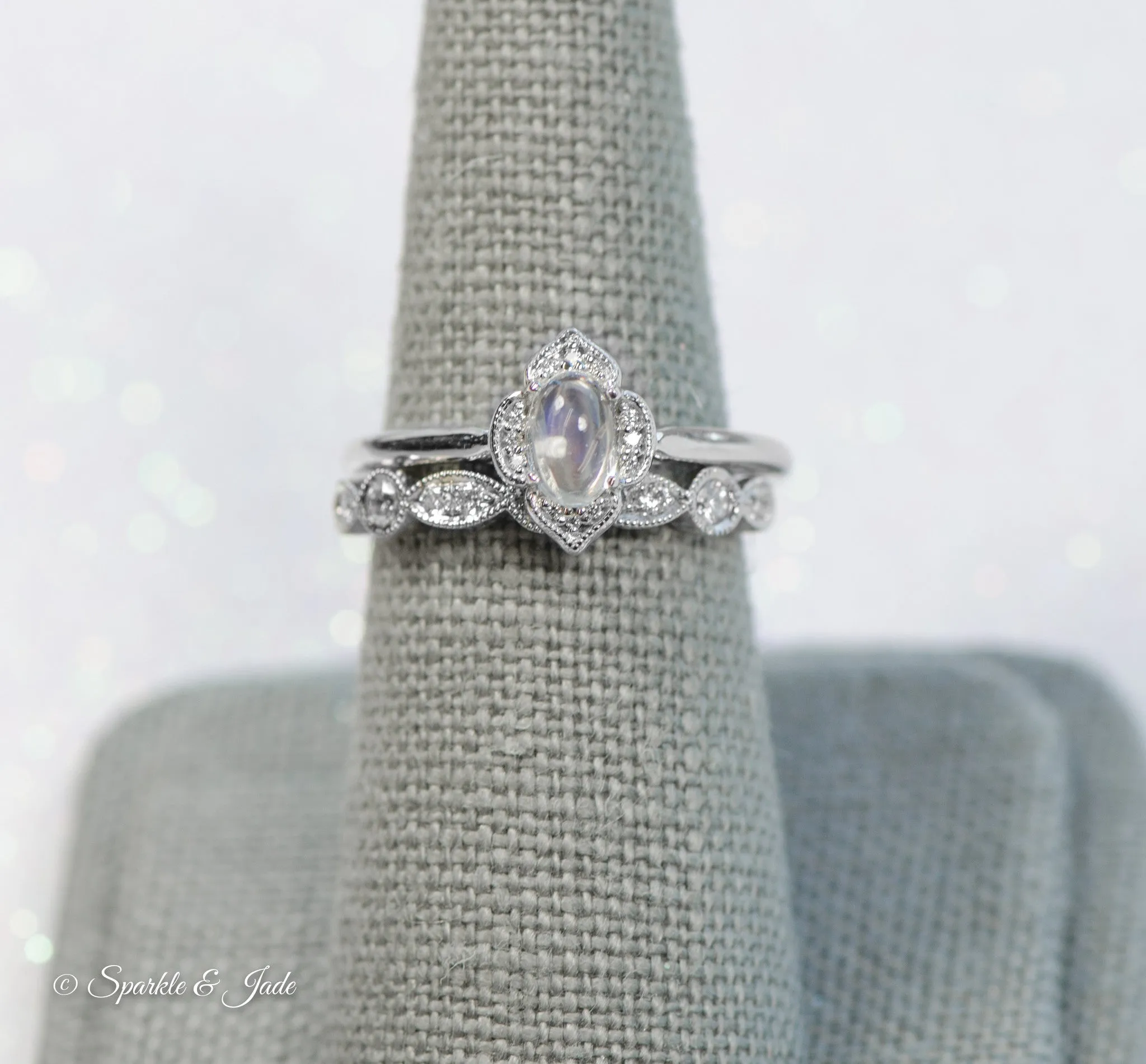 14k Gold Rainbow Moonstone and .03 CTW Diamond Clover Ring