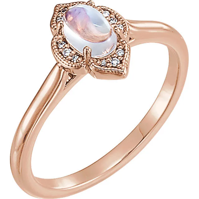 14k Gold Rainbow Moonstone and .03 CTW Diamond Clover Ring