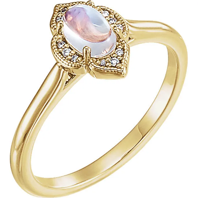 14k Gold Rainbow Moonstone and .03 CTW Diamond Clover Ring