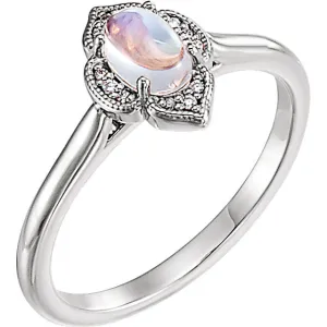 14k Gold Rainbow Moonstone and .03 CTW Diamond Clover Ring