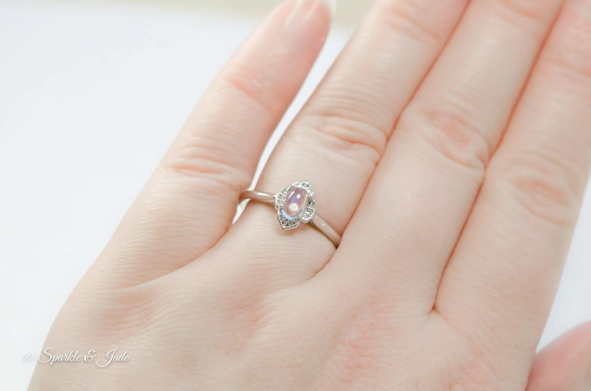14k Gold Rainbow Moonstone and .03 CTW Diamond Clover Ring
