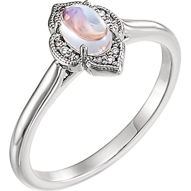 14k Gold Rainbow Moonstone and .03 CTW Diamond Clover Ring