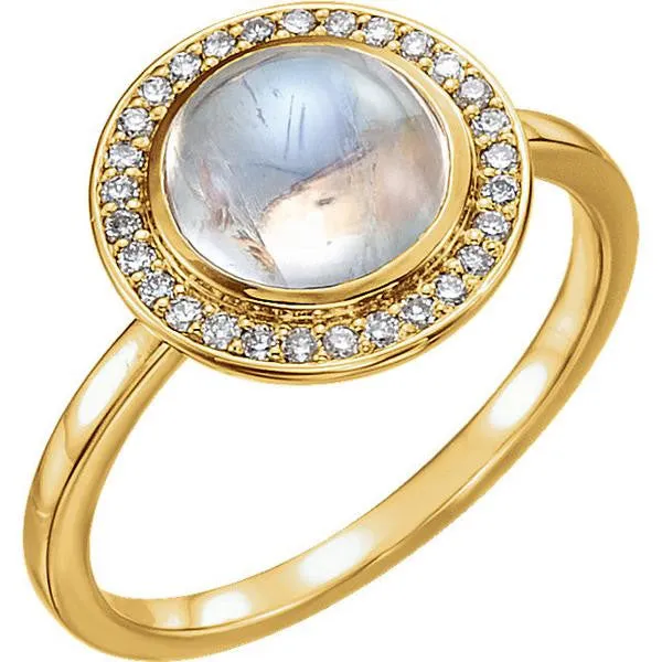 14k Gold Round Rainbow Moonstone Diamond Halo Ring - White, Yellow or Rose or Platinum