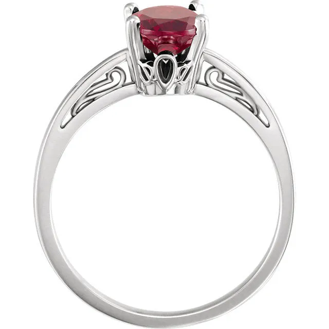 14K White Gold Oval Mozambique Garnet Scroll Set Ring