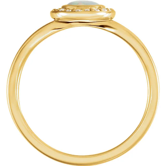14k White Rose or Yellow Gold Bezel Round Genuine Australian Opal & Diamond Halo Ring