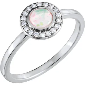 14k White Rose or Yellow Gold Bezel Round Genuine Australian Opal & Diamond Halo Ring
