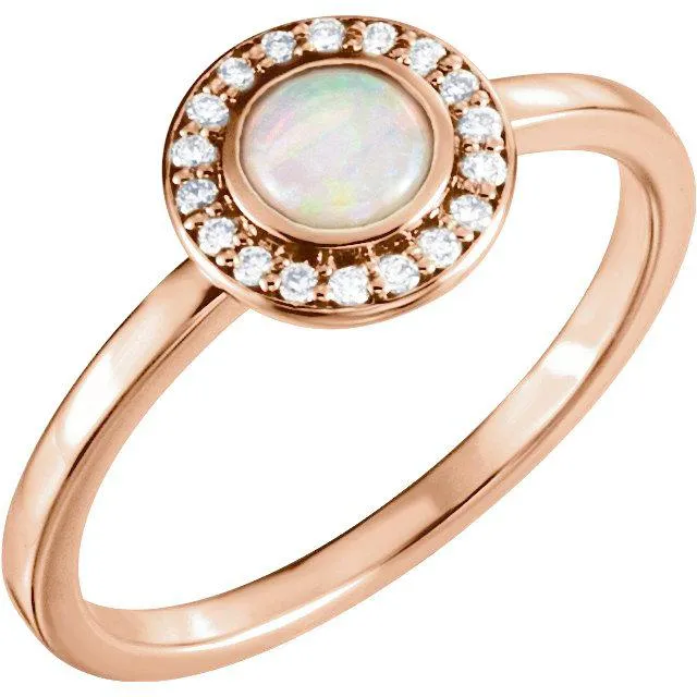 14k White Rose or Yellow Gold Bezel Round Genuine Australian Opal & Diamond Halo Ring