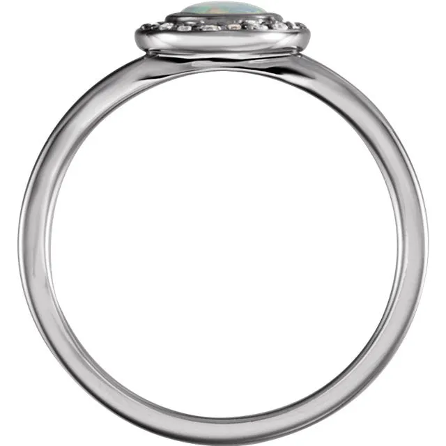 14k White Rose or Yellow Gold Bezel Round Genuine Australian Opal & Diamond Halo Ring