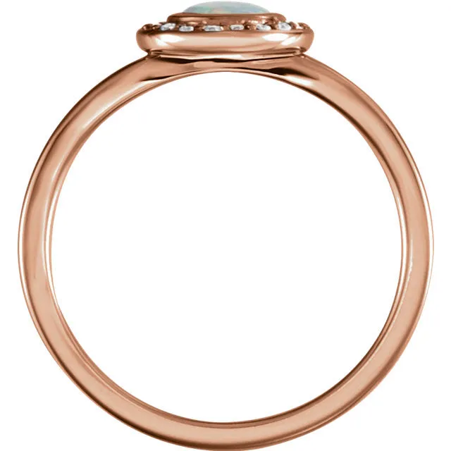 14k White Rose or Yellow Gold Bezel Round Genuine Australian Opal & Diamond Halo Ring