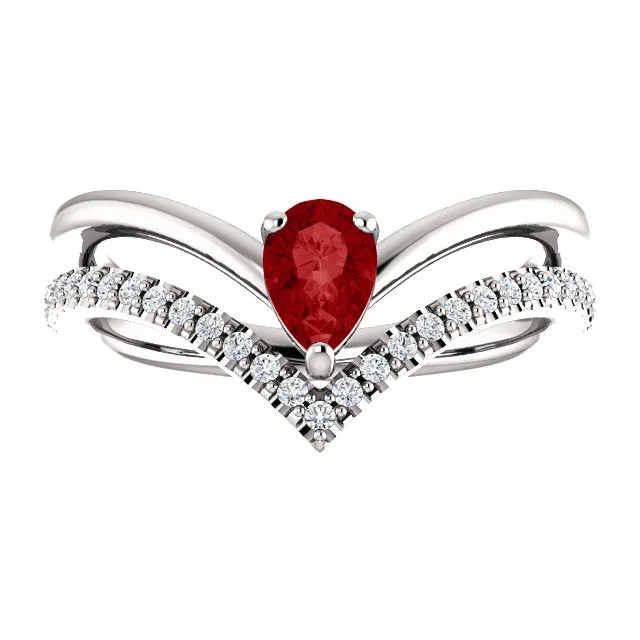 14K White Yellow or Rose Gold Ruby Pear & 1/6 CTW Diamond Double V Ring