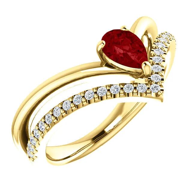 14K White Yellow or Rose Gold Ruby Pear & 1/6 CTW Diamond Double V Ring