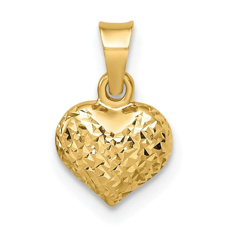 14k Yellow Gold Diamond Cut Polished Finish Semi-Solid Women's 3-Dimensional Small Size Puffed Heart Design Charm Pendant