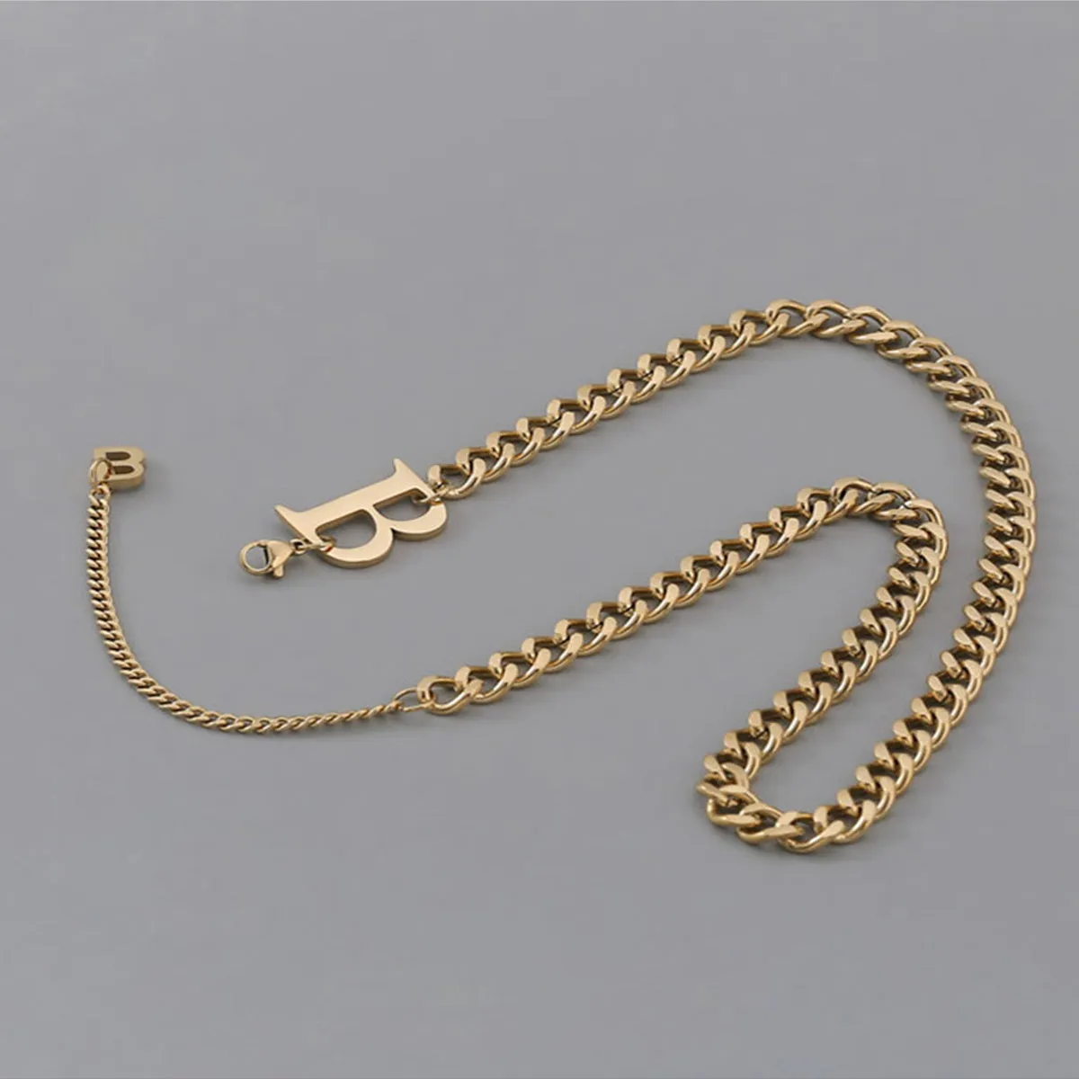 18K Gold-Plated 'B' Cuban Chain Lariat Necklace