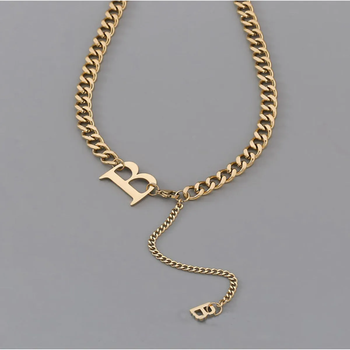 18K Gold-Plated 'B' Cuban Chain Lariat Necklace