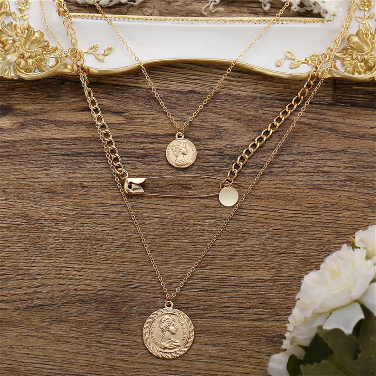 18K Gold-Plated Coin & Safety Pin Pendant Layer Necklace