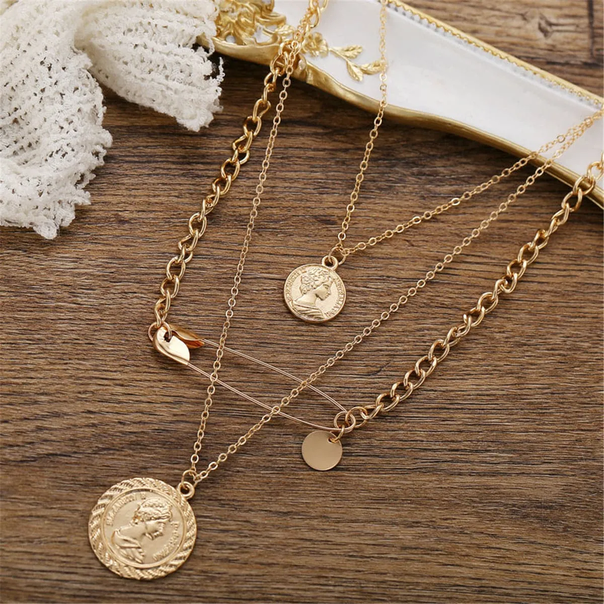 18K Gold-Plated Coin & Safety Pin Pendant Layer Necklace