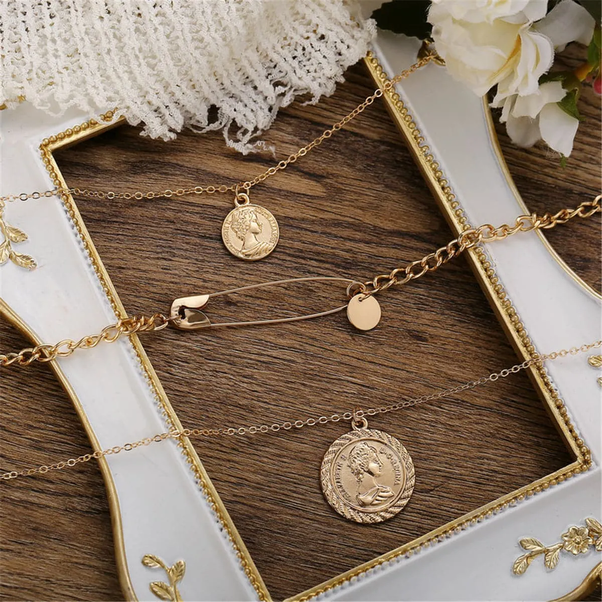 18K Gold-Plated Coin & Safety Pin Pendant Layer Necklace