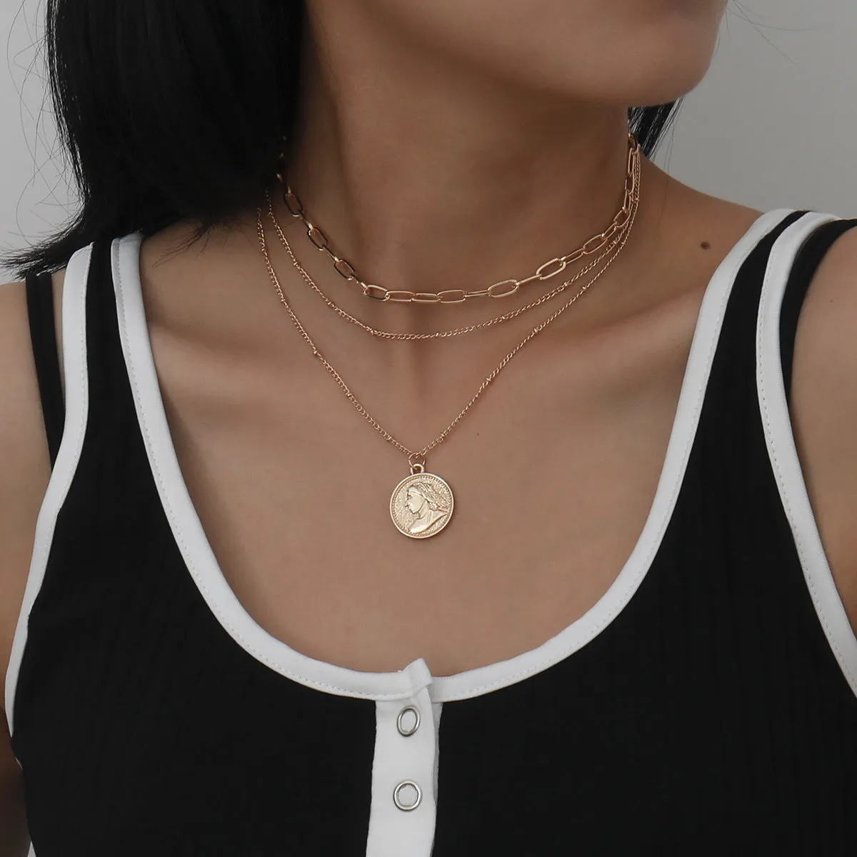 18K Gold-Plated Coin Layered Pendant Necklace