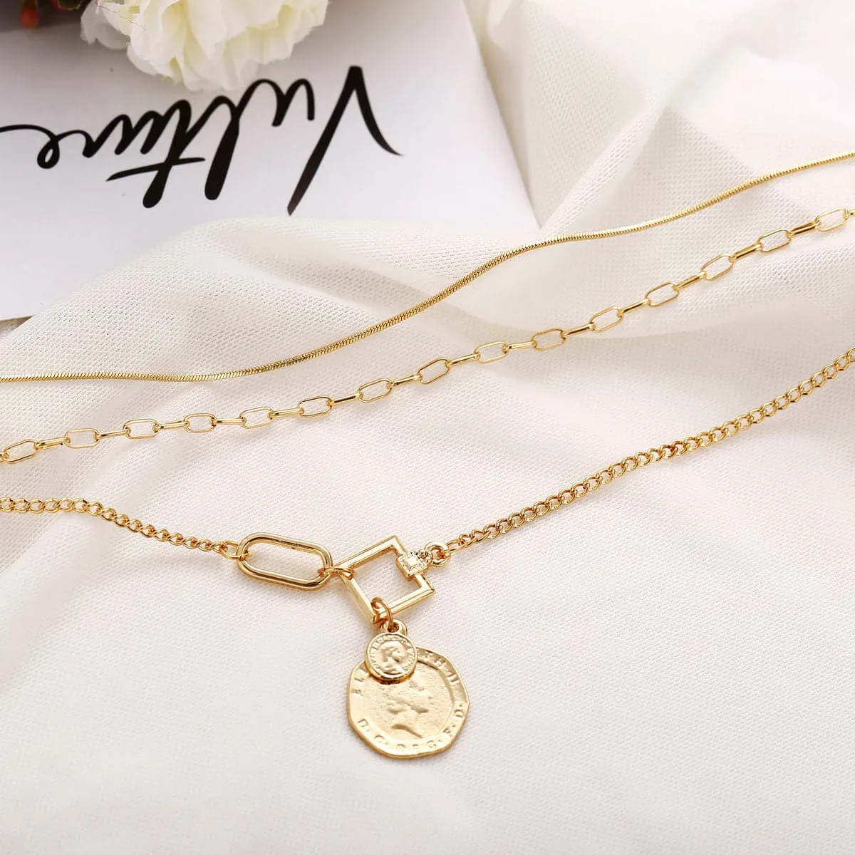 18K Gold-Plated Coin Pendant Layer Necklace