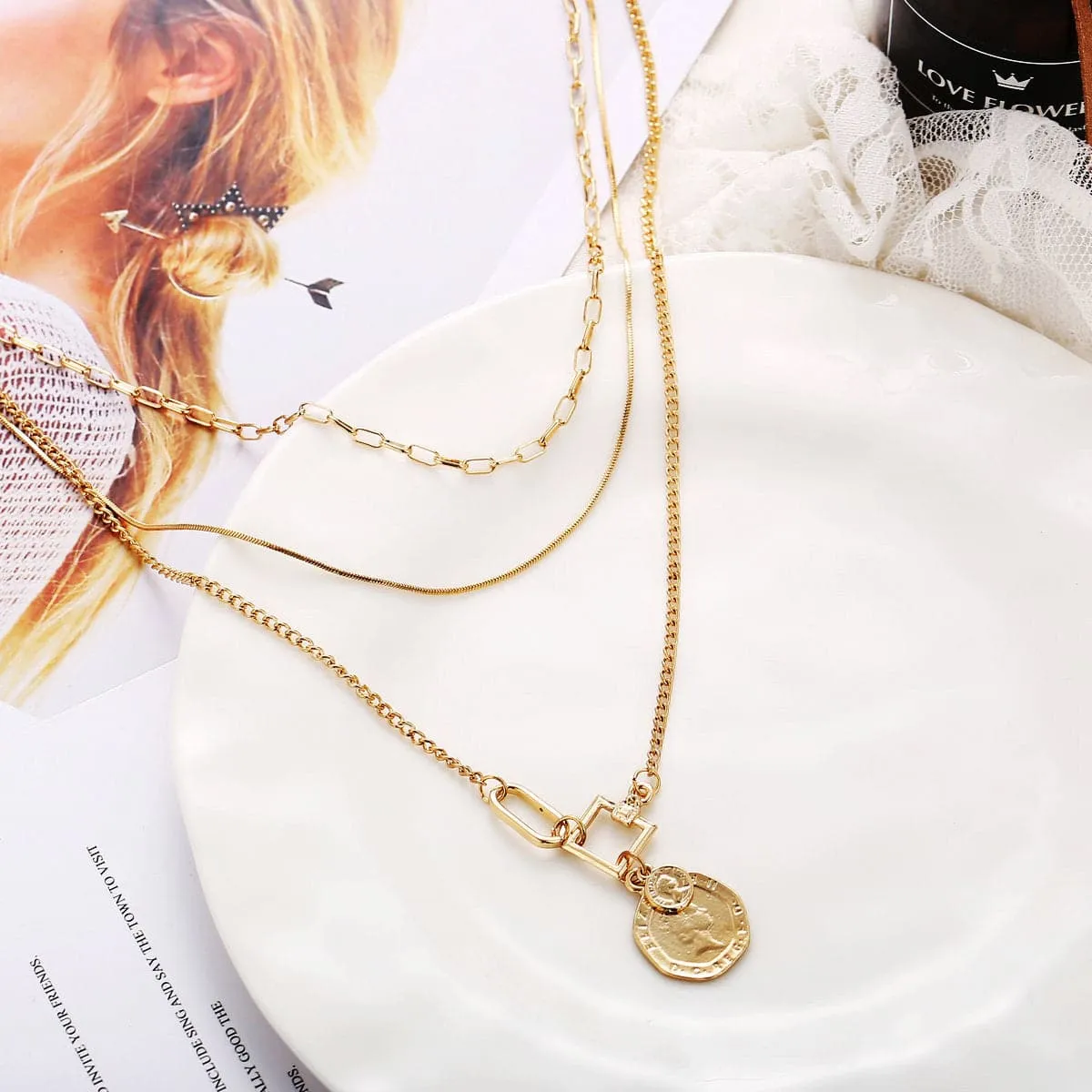 18K Gold-Plated Coin Pendant Layer Necklace