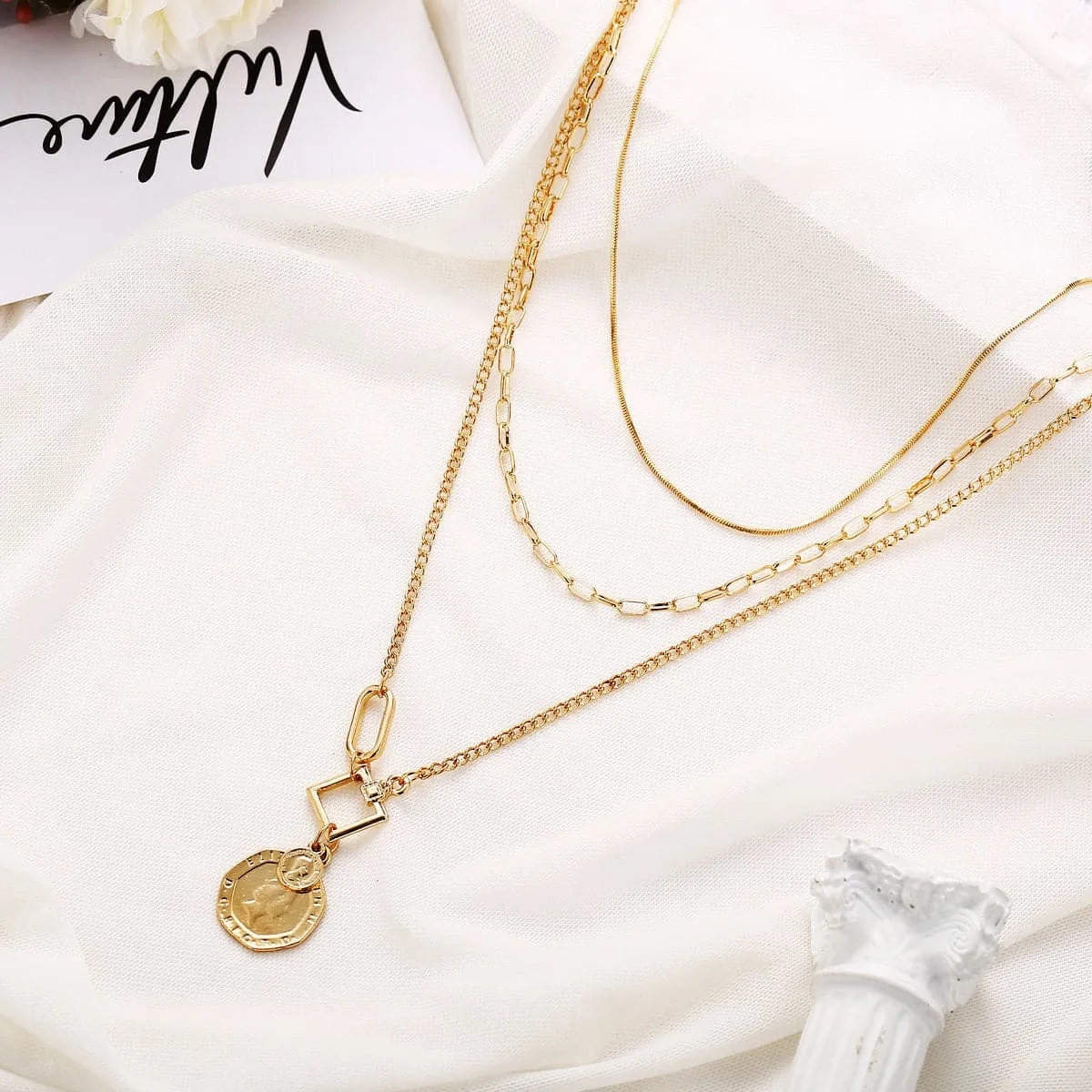 18K Gold-Plated Coin Pendant Layer Necklace