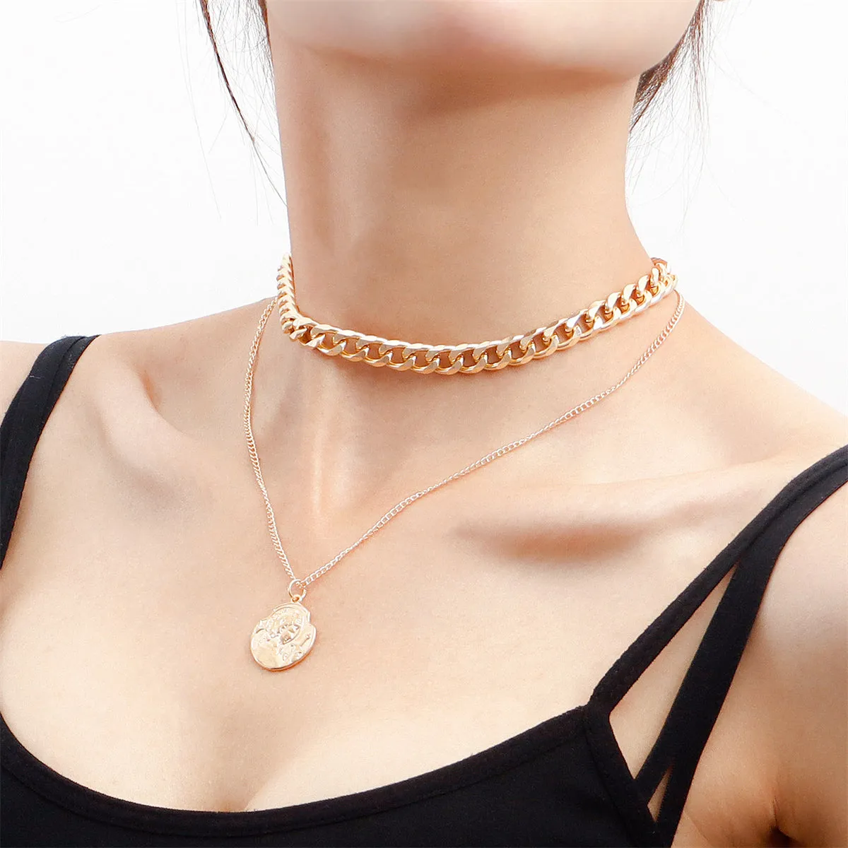 18K Gold-Plated Curb Chain Coin Layered Pendant Necklace