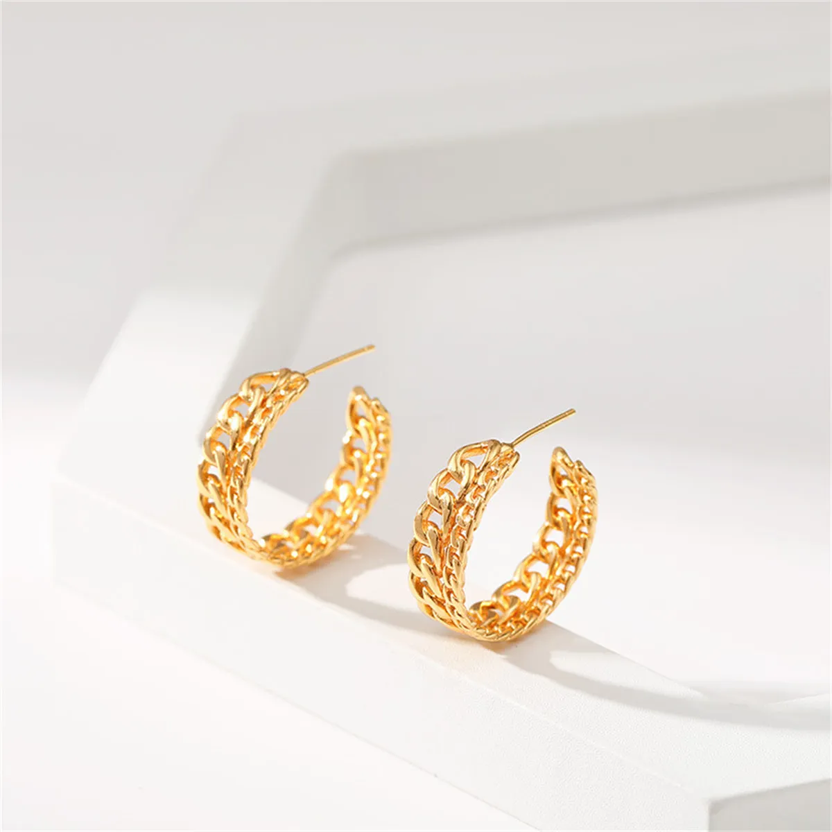 18K Gold-Plated Curb Chain Layered Huggie Earrings