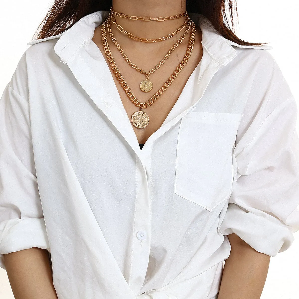 18K Gold-Plated Figaro-Chain Coin Layered Pendant Necklace