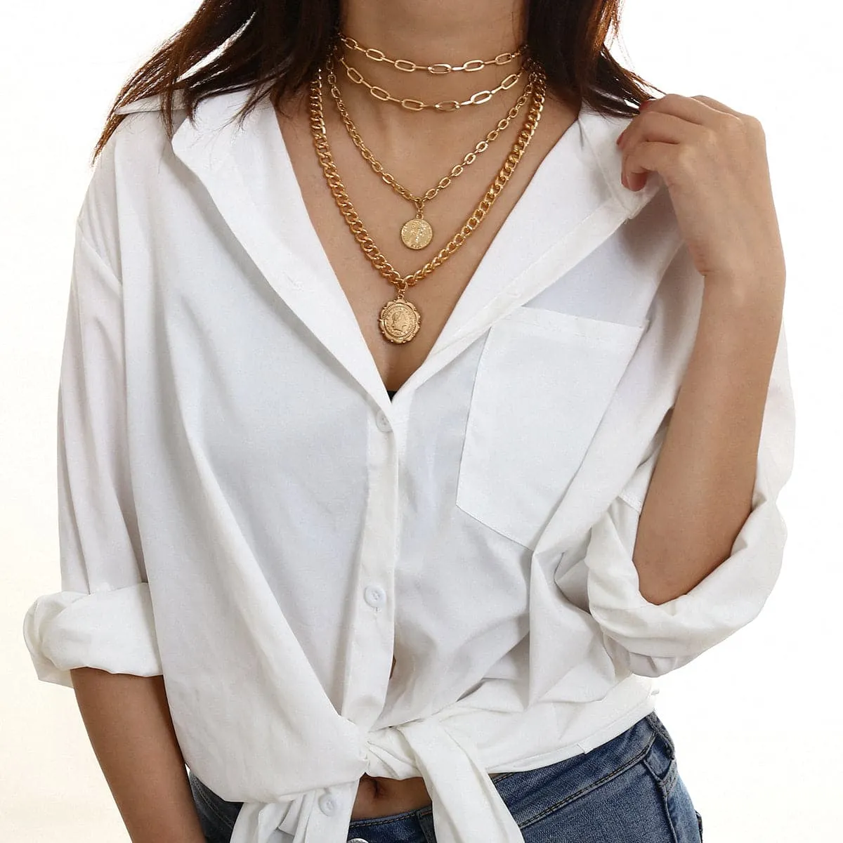 18K Gold-Plated Figaro-Chain Coin Layered Pendant Necklace
