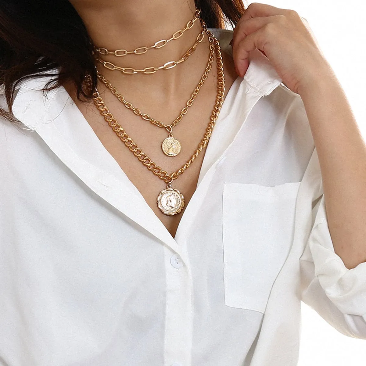 18K Gold-Plated Figaro-Chain Coin Layered Pendant Necklace