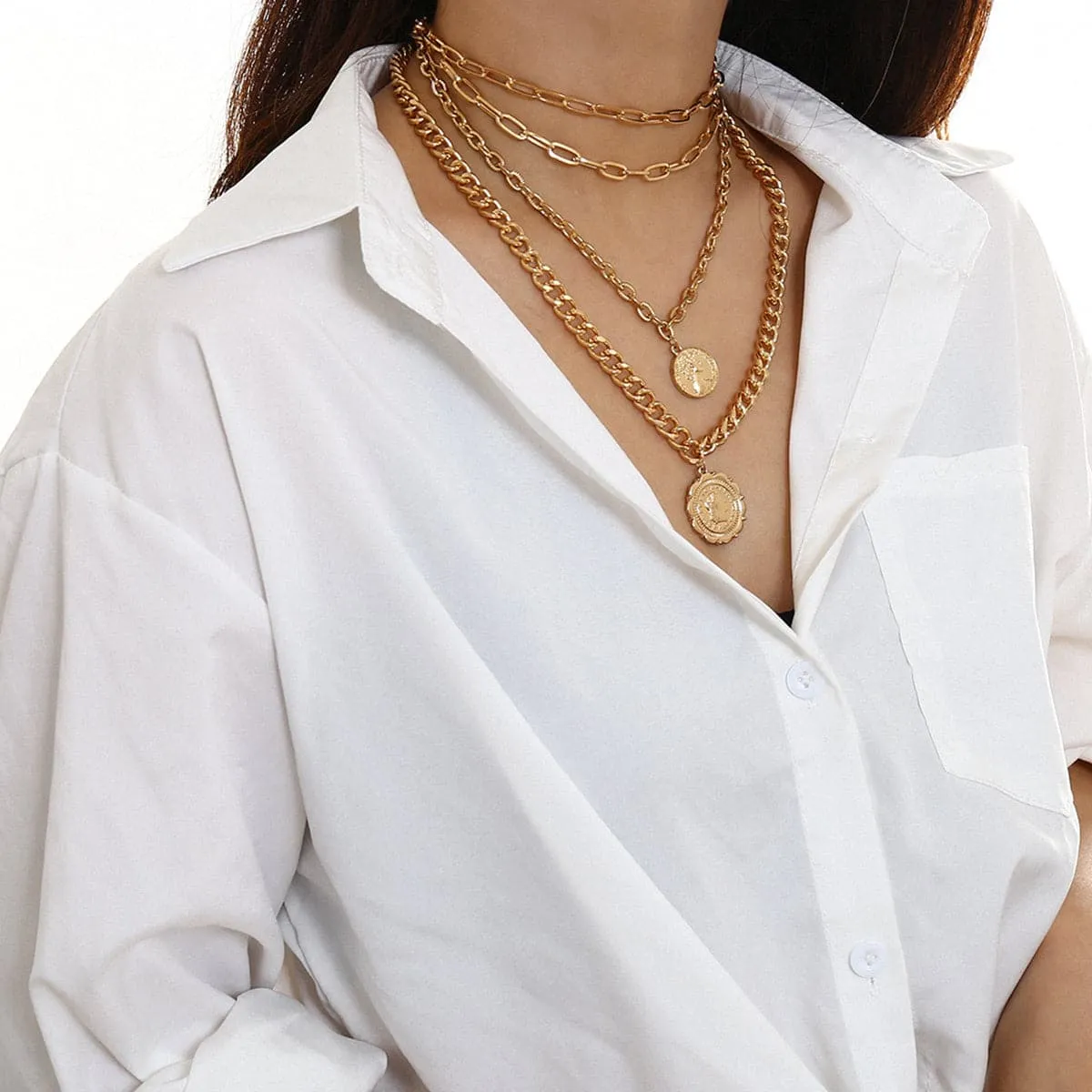 18K Gold-Plated Figaro-Chain Coin Layered Pendant Necklace