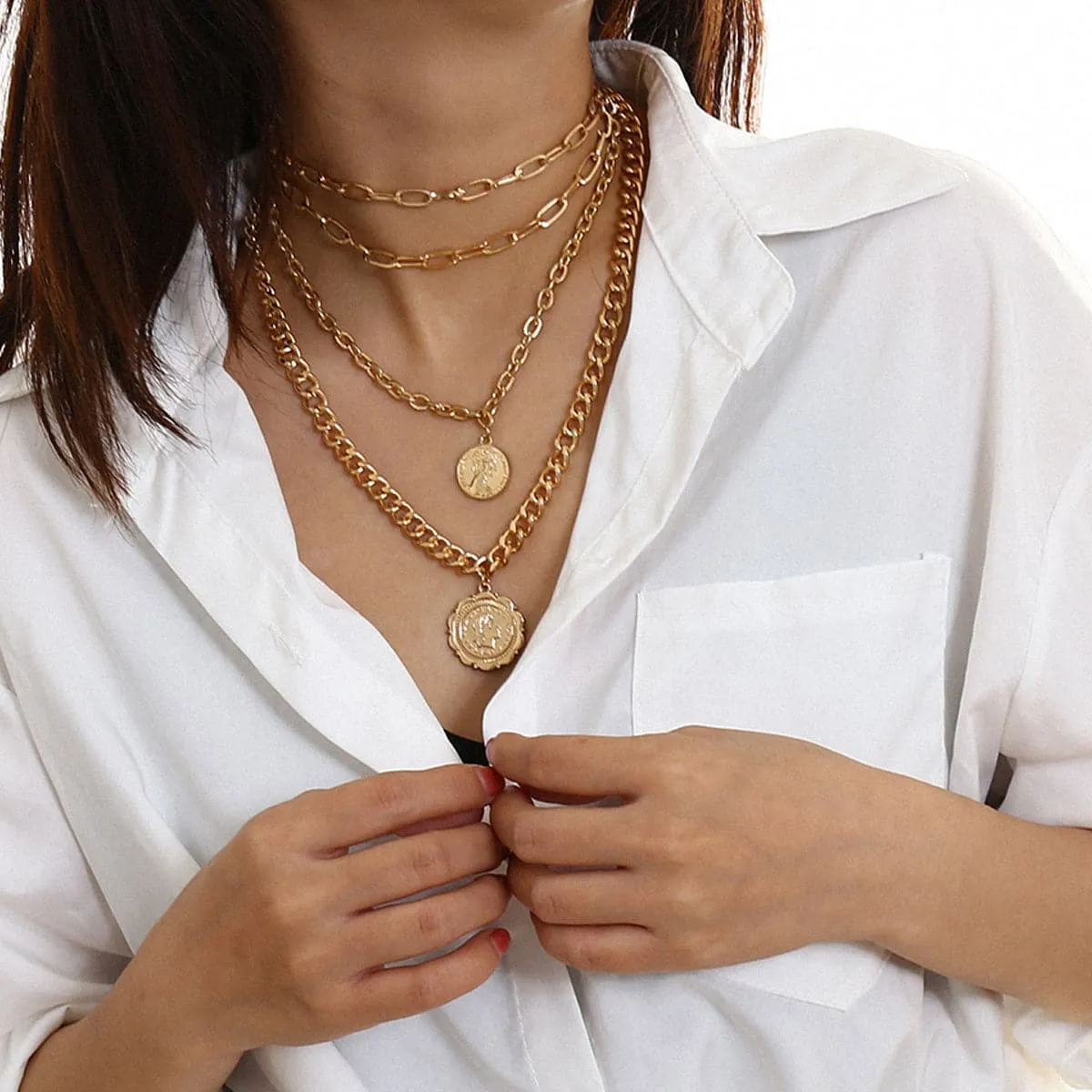 18K Gold-Plated Figaro-Chain Coin Layered Pendant Necklace