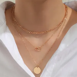 18K Gold-Plated Figaro Chain Round Layered Pendant Necklace