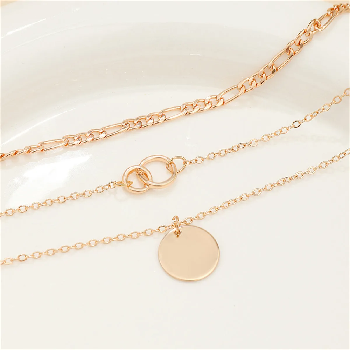 18K Gold-Plated Figaro Chain Round Layered Pendant Necklace